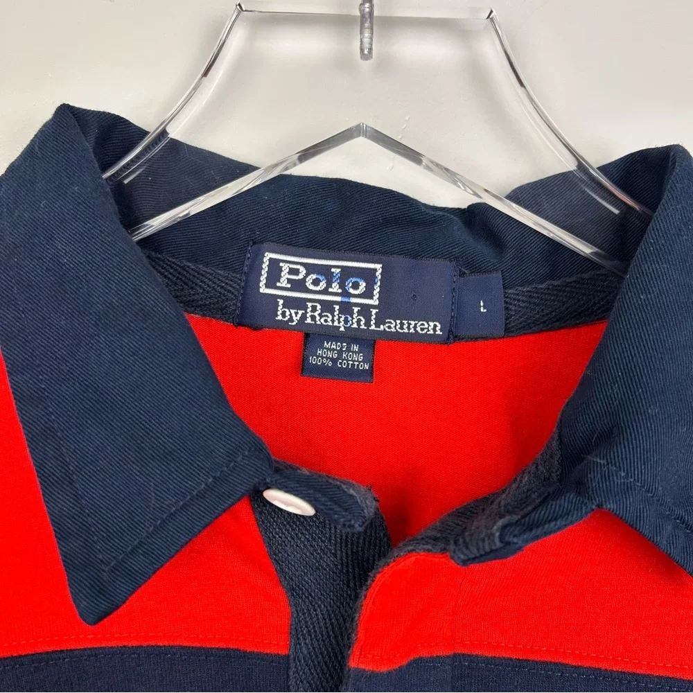Vintage Polo Ralph Lauren Rugby Long Sleeve Shirt Stripe Red Navy Blue Sz Large - Picture 3 of 4